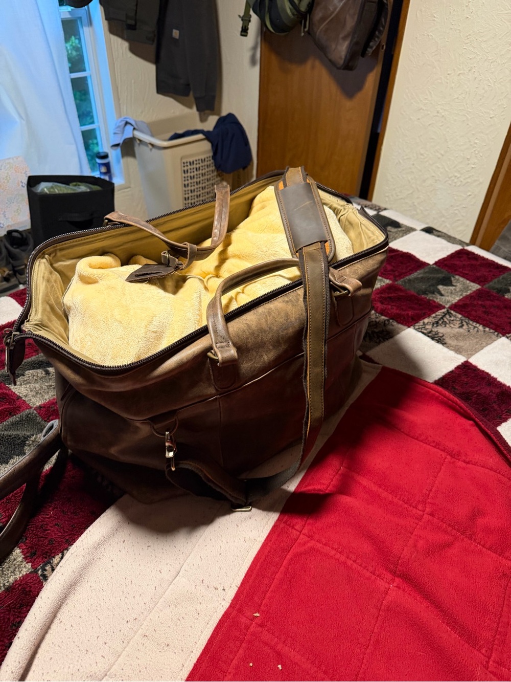 L.L. Bean Brown Leather Travel Duffel Bag with Yellow Interior - Picture 3 of 15